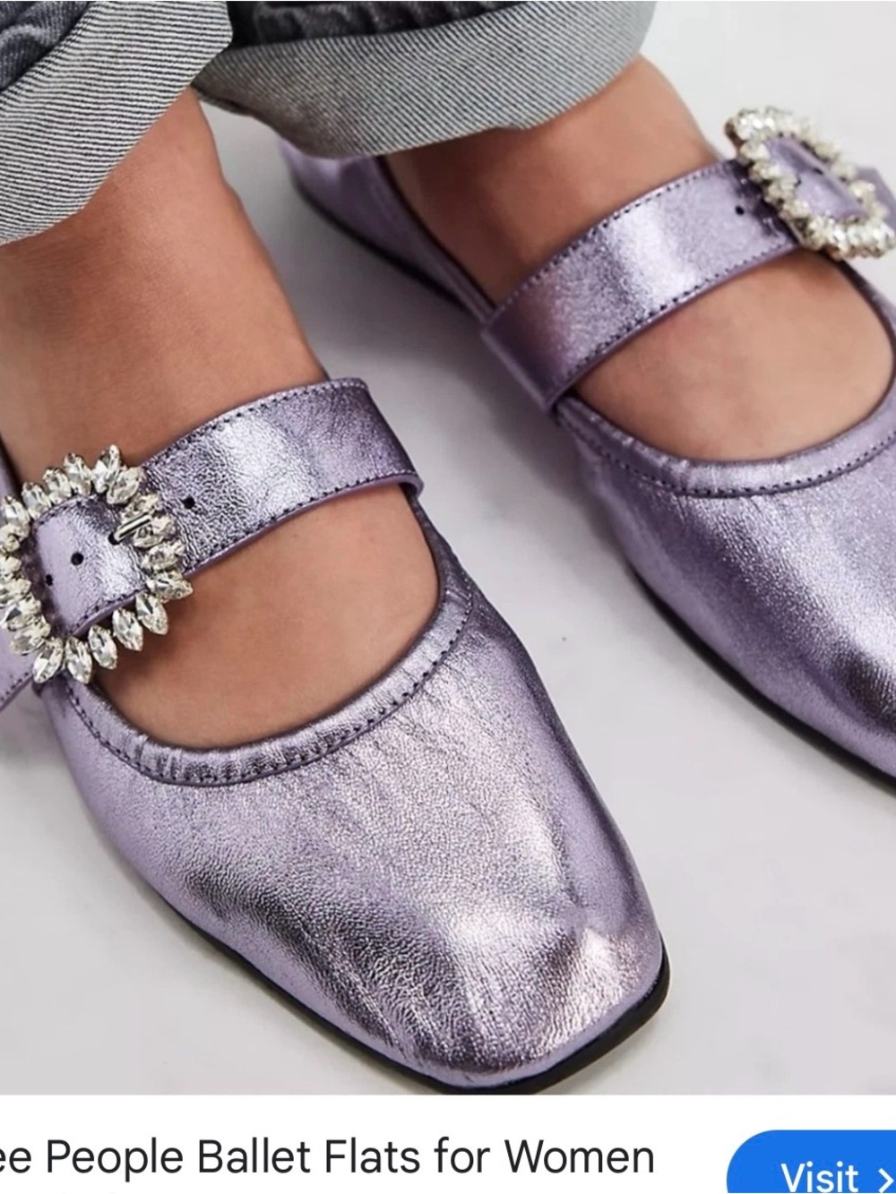 NET $128 #Free People Metallic Lavender Mary Jane Ballet Flats + Crystal Buckle